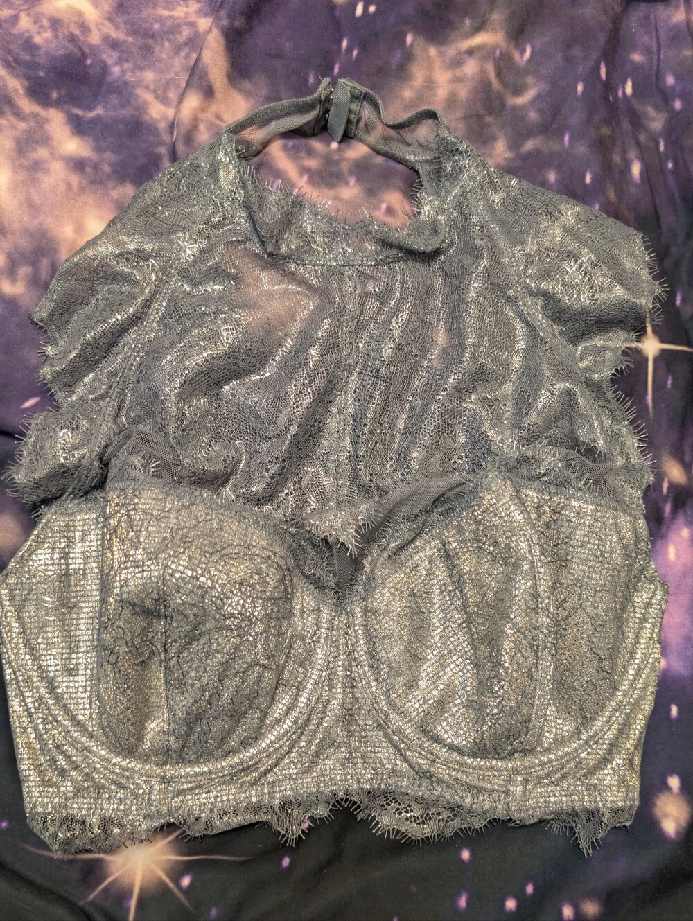 Victoria's Secret Silver Metallic Lace Demi  - 34DD